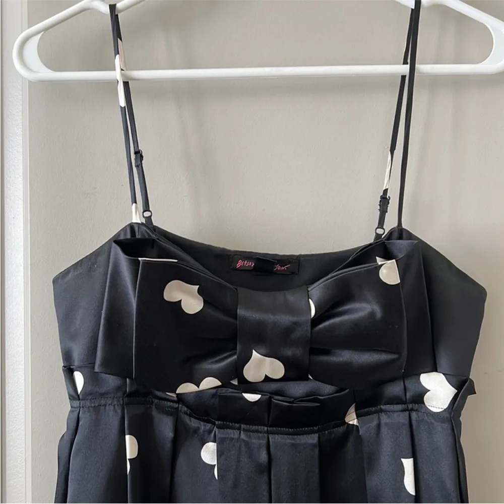 Betsey Johnson 90s Y2k Silk Black White Heart Bow Dress Size 12 RARE - Picture 3 of 5